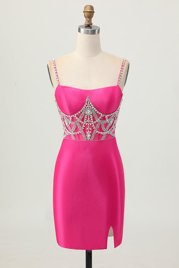Fuchsia Bodycon Spaghetti Straps Satin Short Prom Dress with Slit